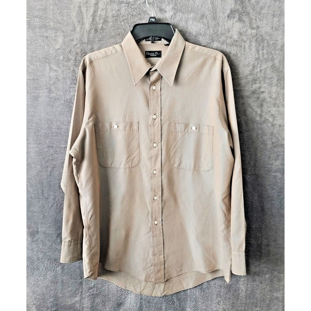 Vtg Christian Dior Monsieur Shirt Men's 16.5" 32-33 Brown Long‎ Sleeve Made USA